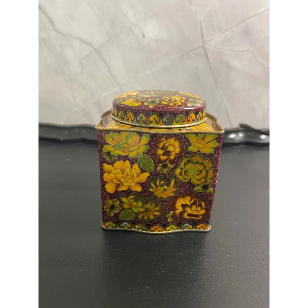 Vintage Daher Long Island NY Floral Tea Tin Made in England Burgundy Yellow 5in